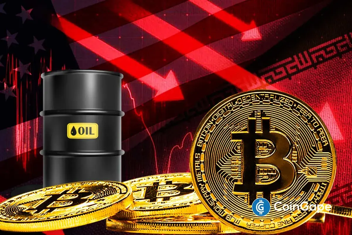Moedas douradas de Bitcoin ao lado de barril de petróleo com gráficos vermelhos de queda e bandeira dos Estados Unidos ao fundo