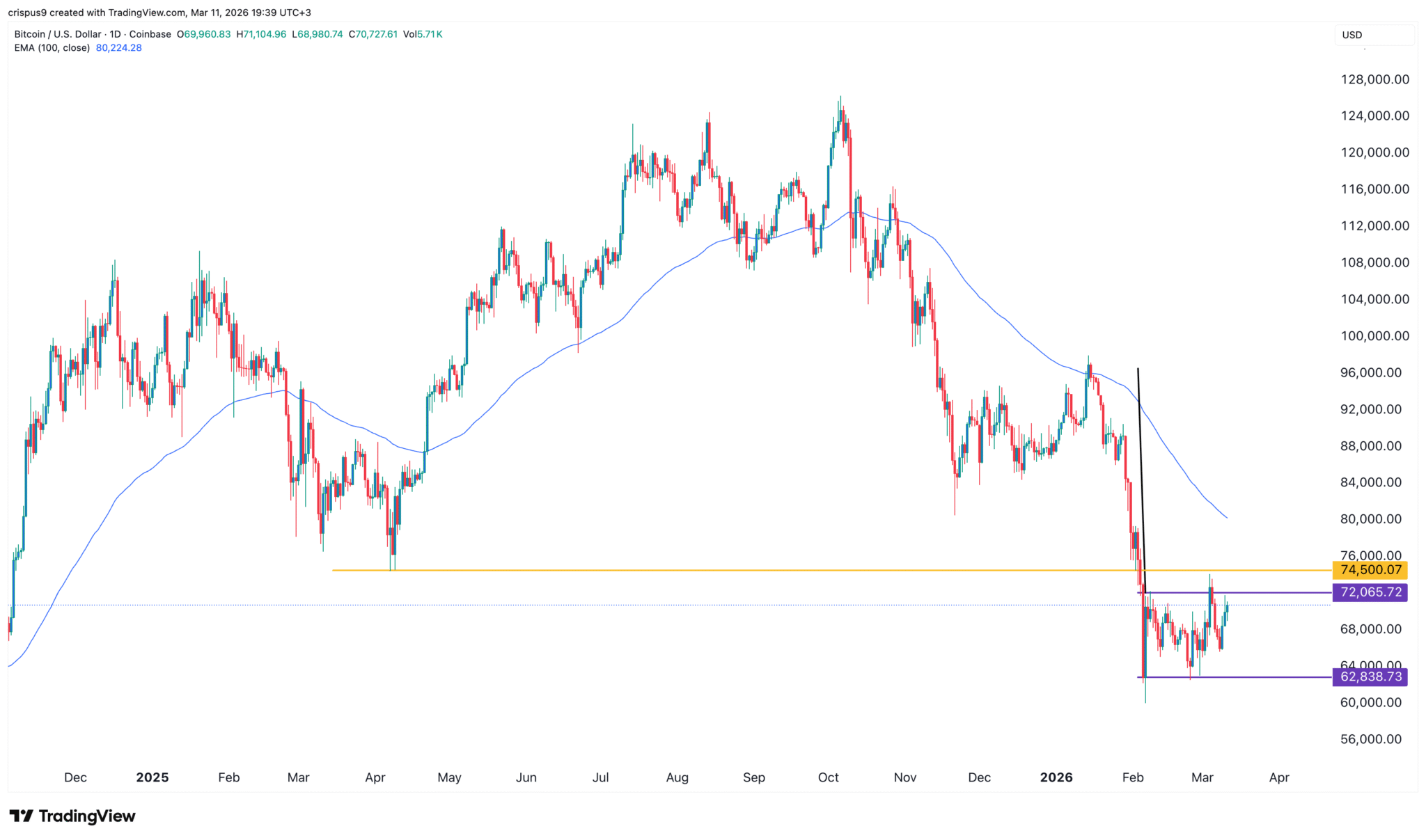 Gráfico diário do Bitcoin em dólar americano exibindo níveis de suporte e resistência com EMA de 100 períodos