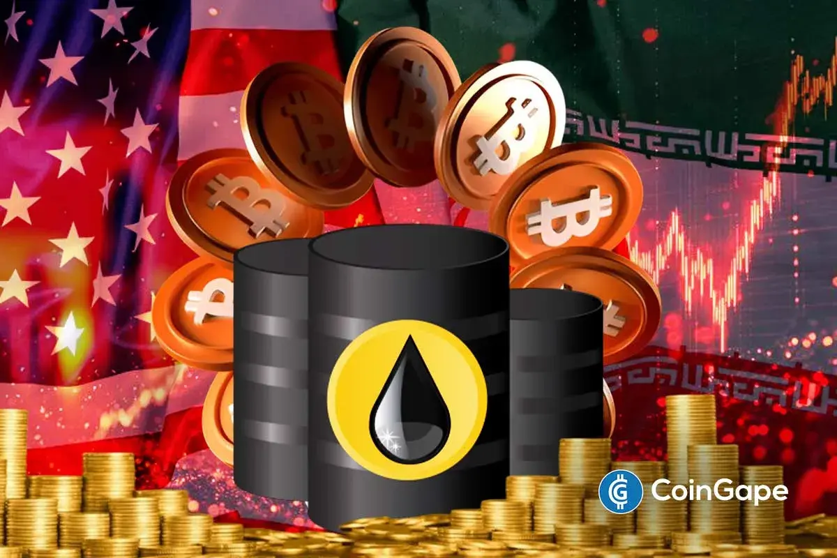 Ilustração mostrando moedas de Bitcoin, barris de petróleo com símbolo de gota, bandeira americana e gráficos de trading em queda