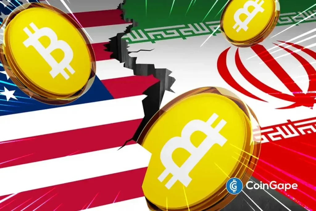 Ilustração de moedas de Bitcoin sobre bandeiras dos Estados Unidos e Irã separadas por rachadura simbolizando conflito.