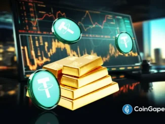 Ilustração com moedas do Tether Gold flutuando sobre barras de ouro empilhadas, com gráficos de mercado ao fundo.