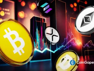 Ilustração com moedas de Bitcoin, Ethereum, XRP, Solana e Dogecoin sobre gráficos de mercado financeiro.