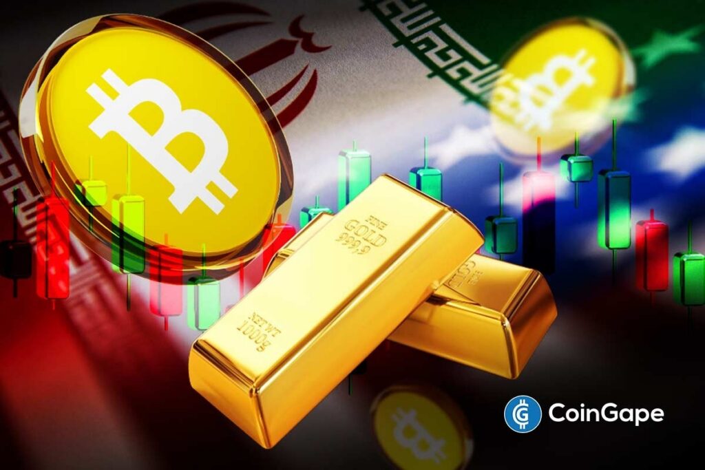 Ilustração mostrando moeda de Bitcoin e barras de ouro com bandeira do Irã e gráficos de candlestick ao fundo