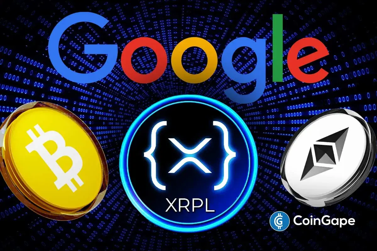 Logo do Google sobre fundo de código binário com moedas representando Bitcoin, XRP Ledger e Ethereum.