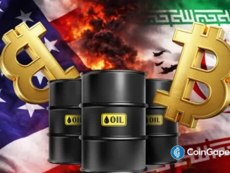 Ilustração com símbolos do dólar e do Bitcoin ao lado de barris de petróleo, com bandeiras dos EUA e do Irã ao fundo e explosões representando o conflito.