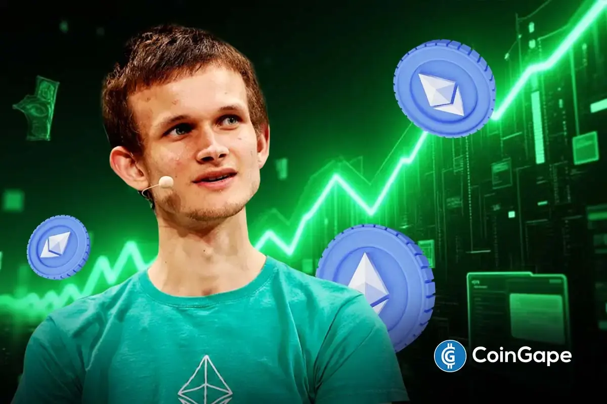 Vitalik Buterin em primeiro plano com símbolos do Ethereum e gráficos de crescimento ao fundo