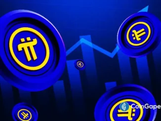 Ilustração 3D de moedas da Pi Network em azul e amarelo com gráfico de crescimento ao fundo.