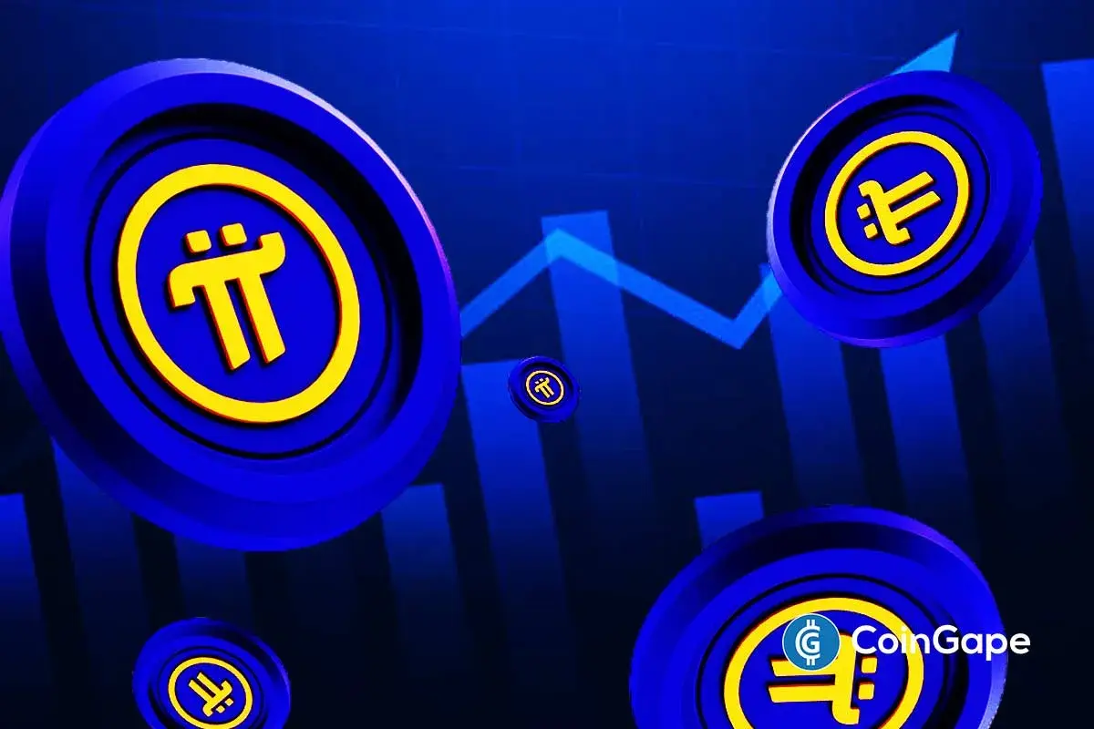 Ilustração 3D de moedas da Pi Network em azul e amarelo com gráfico de crescimento ao fundo.