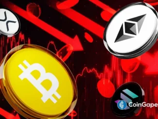 Ilustração moedas Bitcoin, Ethereum, XRP e Solana com gráficos em queda