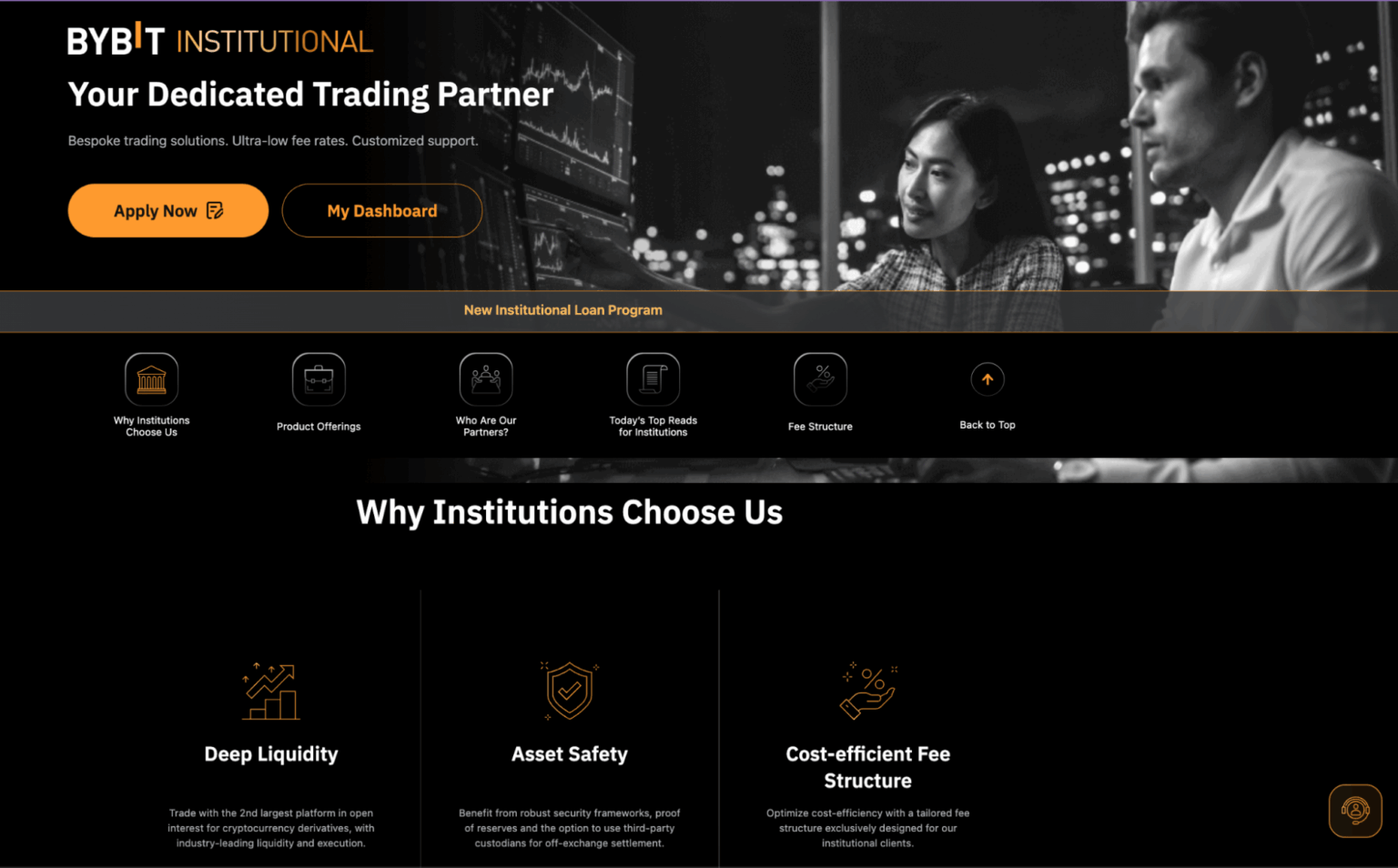 Interface da Bybit Institutional mostrando soluções personalizadas de negociação com taxas reduzidas