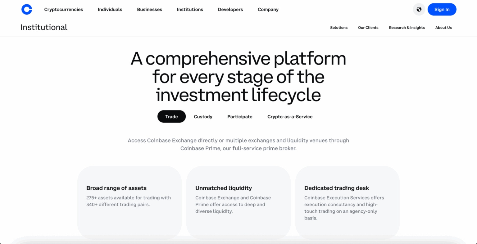 Interface institucional da Coinbase com serviços de negociação, custódia e participação em criptomoedas.