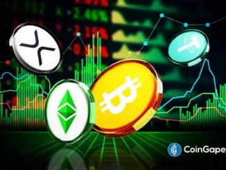Moedas de Bitcoin, Ethereum e outras criptomoedas sobre gráficos de trading com candlesticks verdes e vermelhos