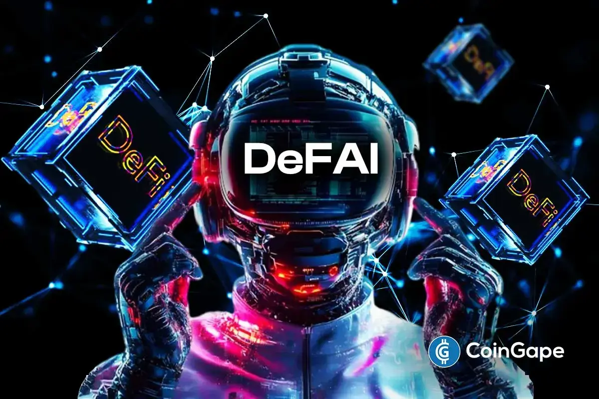 Astronauta futurista com capacete holográfico segurando cubos DeFi em néon azul e rosa, representando a fusão entre inteligência artificial e finanças descentralizadas com logo CoinGape