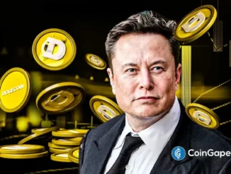 Ilustração de Elon Musk cercado por moedas Dogecoin representando especulações sobre integração cripto no X Money.