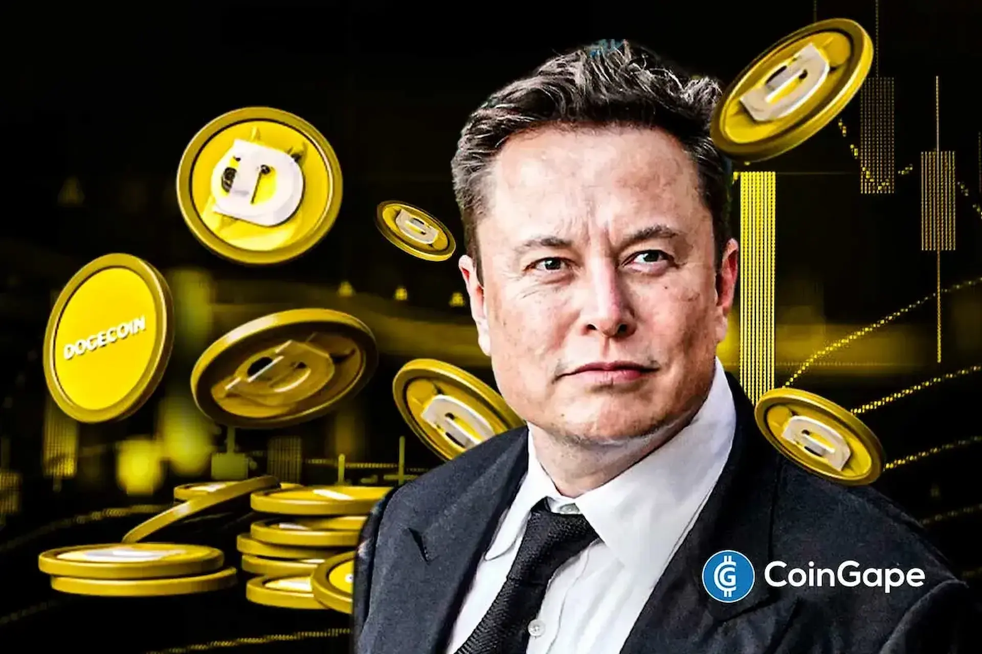 Ilustração de Elon Musk cercado por moedas Dogecoin representando especulações sobre integração cripto no X Money.