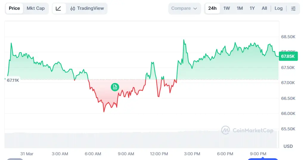 Gráfico de preço do Bitcoin nas últimas 24 horas mostrando volatilidade entre US$ 66.000 e US$ 68.500.