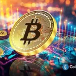 Moeda dourada de Bitcoin em primeiro plano com gráficos de preço e mapas digitais coloridos ao fundo
