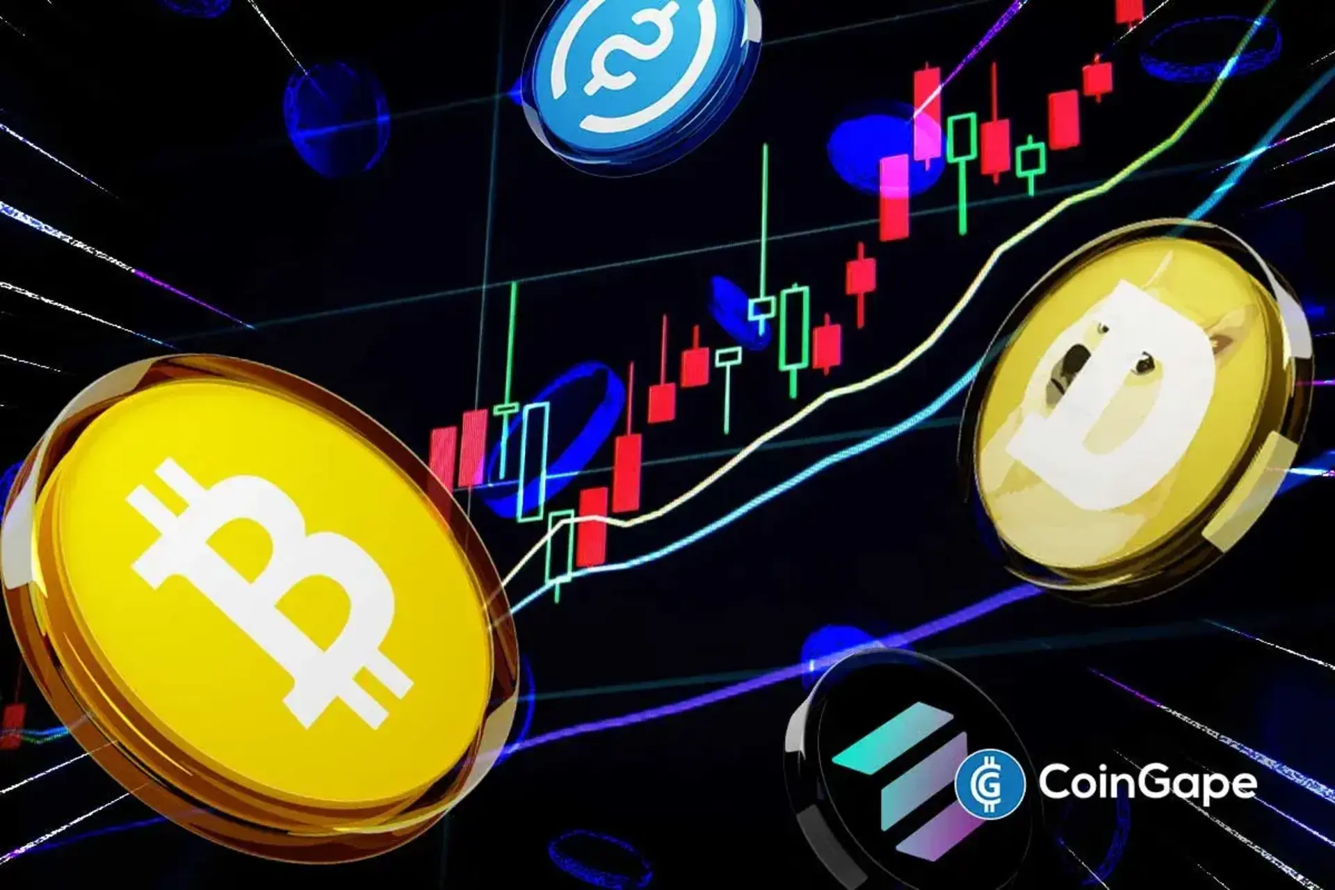 Moedas douradas de Bitcoin empilhadas em superfície reflexiva com gráfico de trading em queda ao fundo mostrando tendência de baixa do mercado cripto