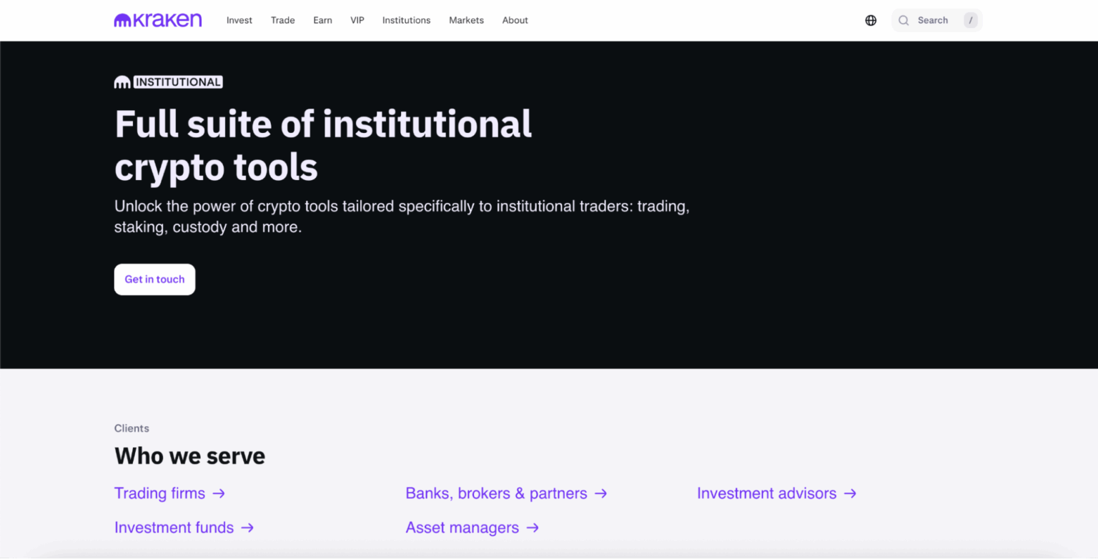 Interface da Kraken mostrando suite completa de ferramentas cripto para clientes institucionais