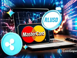 Logo da Ripple (XRP) e símbolo RLUSD ao lado do logo Mastercard em tela de laptop com gráficos de criptomoedas ao fundo.