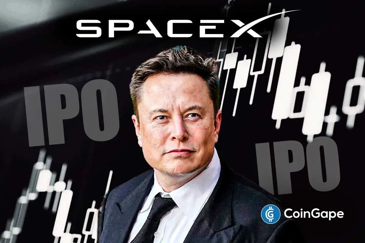 Elon Musk em frente ao logo da SpaceX com gráficos de candlestick e texto IPO ao fundo