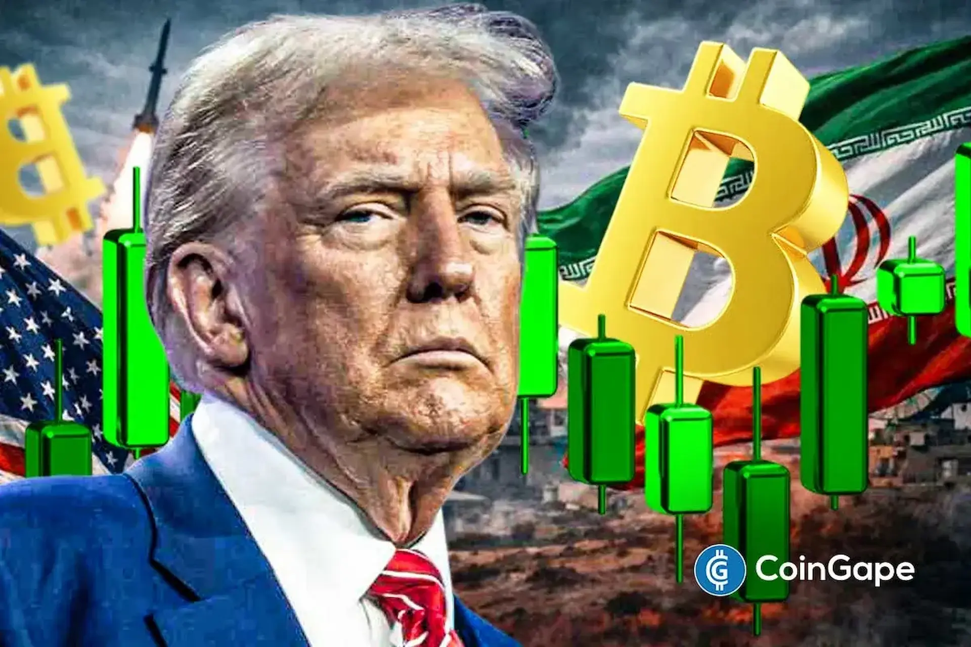 Ilustração com Donald Trump, símbolos de Bitcoin e bandeiras dos EUA e Irã representando impacto geopolítico no mercado cripto