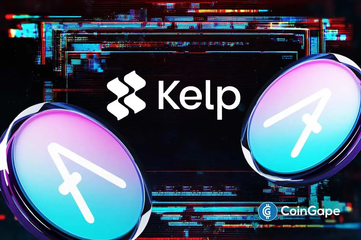 Logo da Kelp ao centro com dois tokens coloridos em gradiente rosa e azul em fundo escuro com efeito glitch.
