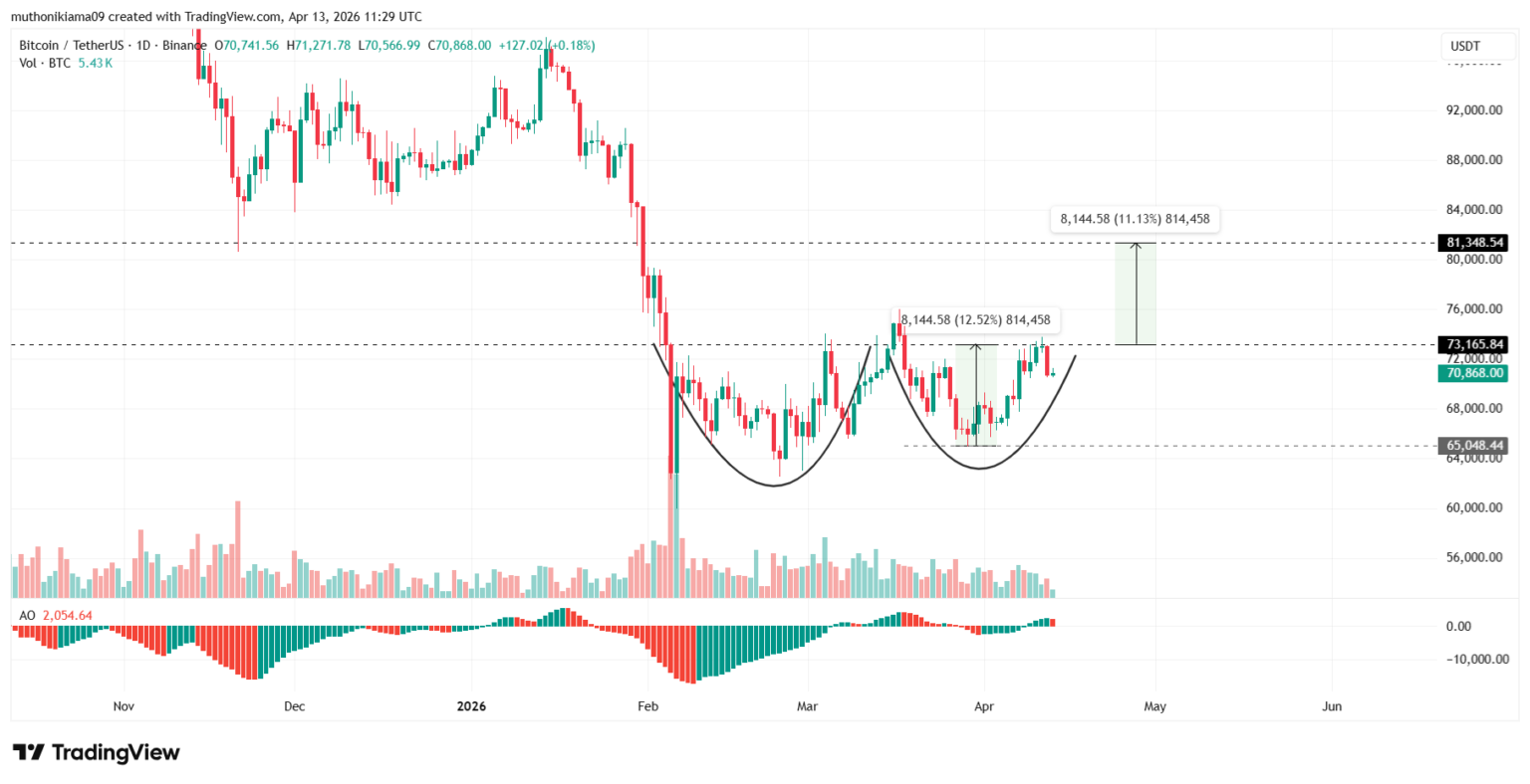Gráfico de velas do Bitcoin mostrando padrões de fundo arredondado e níveis de resistência em US$ 73.165