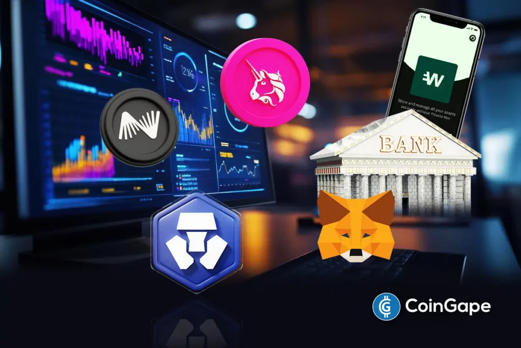 Logos de MetaMask, Uniswap, Crypto.com e WeFi ao lado de ícone de banco tradicional, representando soluções de banco cripto descentralizado.