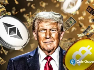 Ilustração mostrando criptomoedas Bitcoin e Ethereum ao lado de Trump em meio a notas de dólar voando.