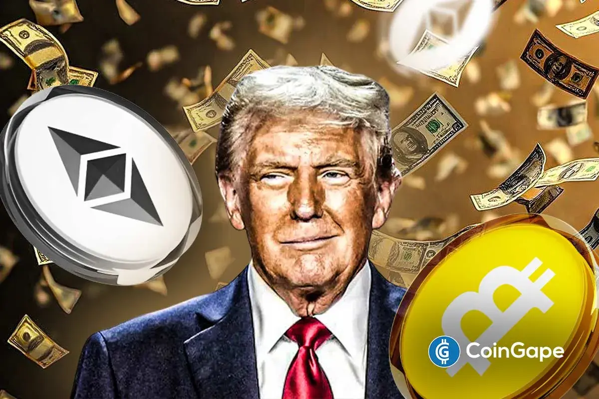 Ilustração mostrando criptomoedas Bitcoin e Ethereum ao lado de Trump em meio a notas de dólar voando.