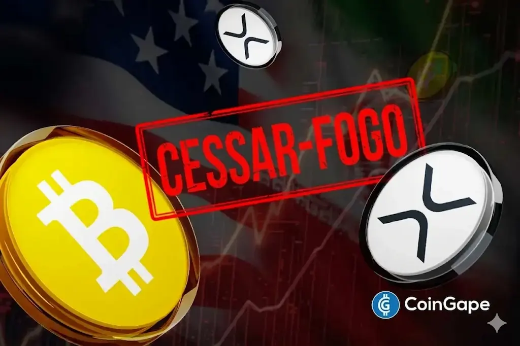 Ilustração mostrando moedas de Bitcoin e XRP com carimbo de cessar-fogo e bandeiras dos EUA e Irã ao fundo