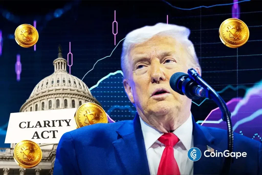 Montagem com Donald Trump em primeiro plano, o Capitólio dos EUA ao fundo, moedas de bitcoin e um cartaz com os dizeres "CLARITY Act".