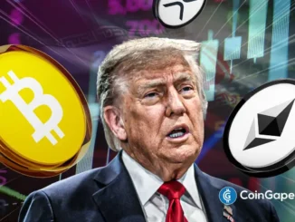 Fotomontagem com Donald Trump ao centro, rodeado pelos logos de Bitcoin, Ethereum e XRP em fundo com gráficos de mercado.
