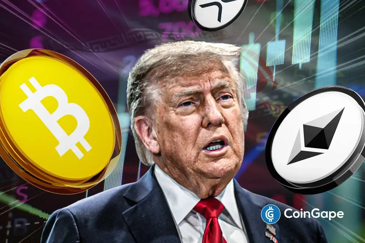 Fotomontagem com Donald Trump ao centro, rodeado pelos logos de Bitcoin, Ethereum e XRP em fundo com gráficos de mercado.