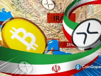 Moedas de Bitcoin e XRP sobrepostas ao mapa do Irã com a bandeira do país ao fundo..