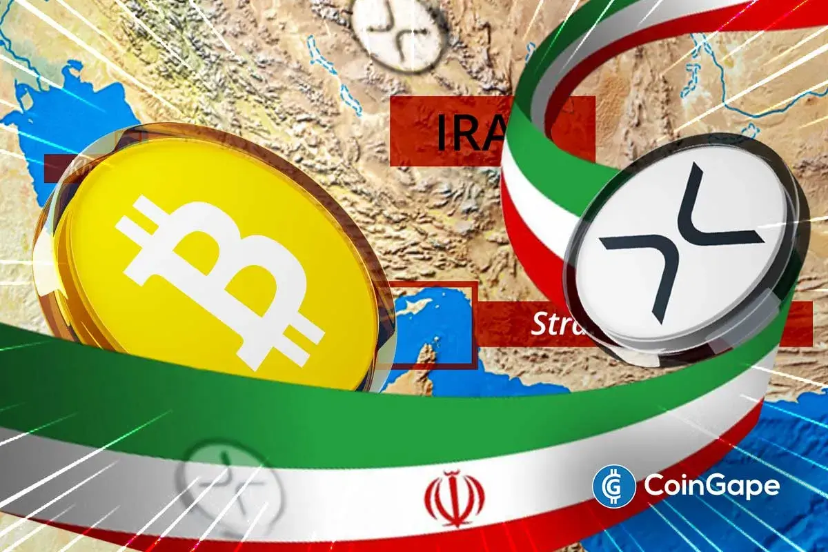 Moedas de Bitcoin e XRP sobrepostas ao mapa do Irã com a bandeira do país ao fundo..