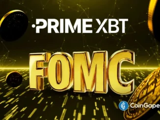 Logo da PrimeXBT com destaque para FOMC em fundo dourado e preto.