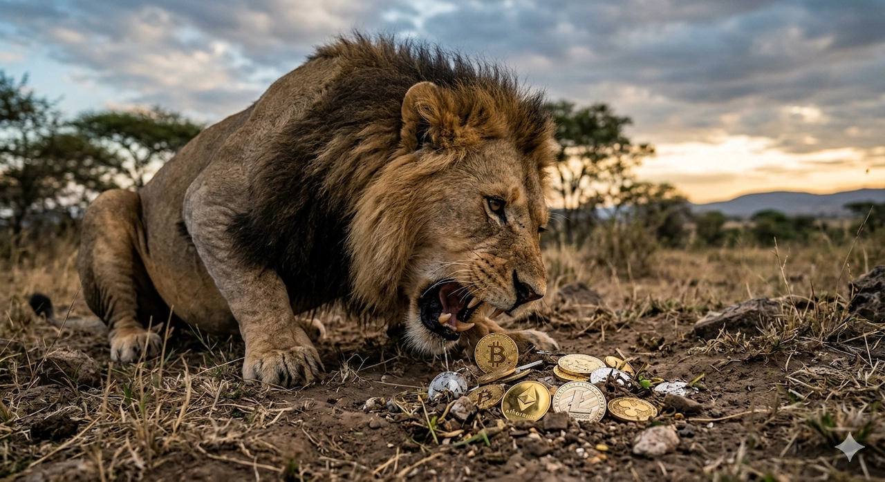 Leão observando moedas de Bitcoin, Ethereum e Litecoin no chão, representando a fiscalização da Receita Federal sobre criptoativos.