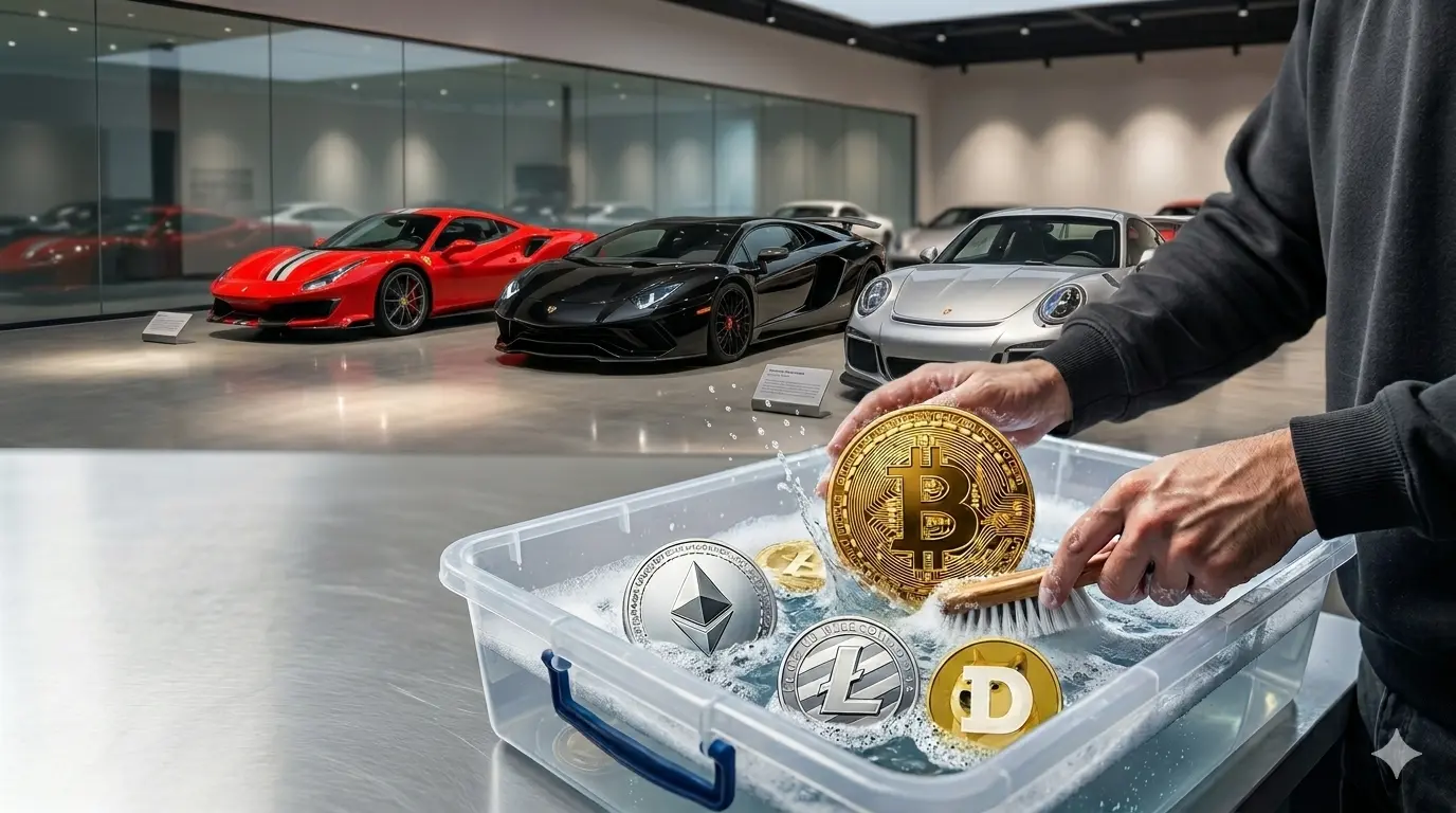 Ilustração mostrando criptomoedas e carros de luxo representando lavagem de dinheiro