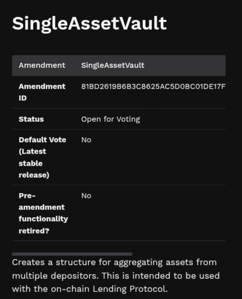 Tela de detalhes da emenda SingleAssetVault com status aberto para votação no XRP Ledger