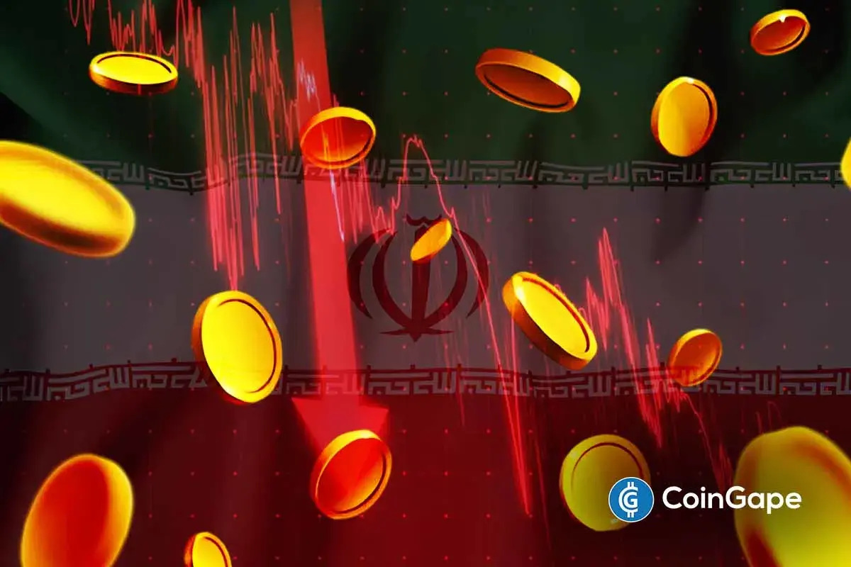 Ilustração com a bandeira do Irã ao fundo, moedas douradas e gráfico em queda em vermelho, representando o impacto das criptomoedas na economia iraniana.