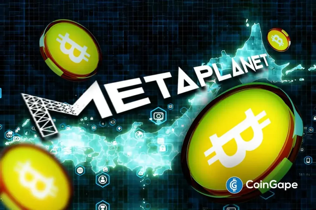 Logotipo da Metaplanet ao lado de representações gráficas de moedas de Bitcoin sobre fundo tecnológico azul.