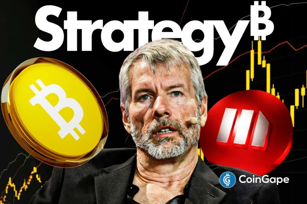 Imagem de Michael Saylor ao lado do logo da Strategy e do símbolo do Bitcoin, com gráficos de mercado ao fundo.