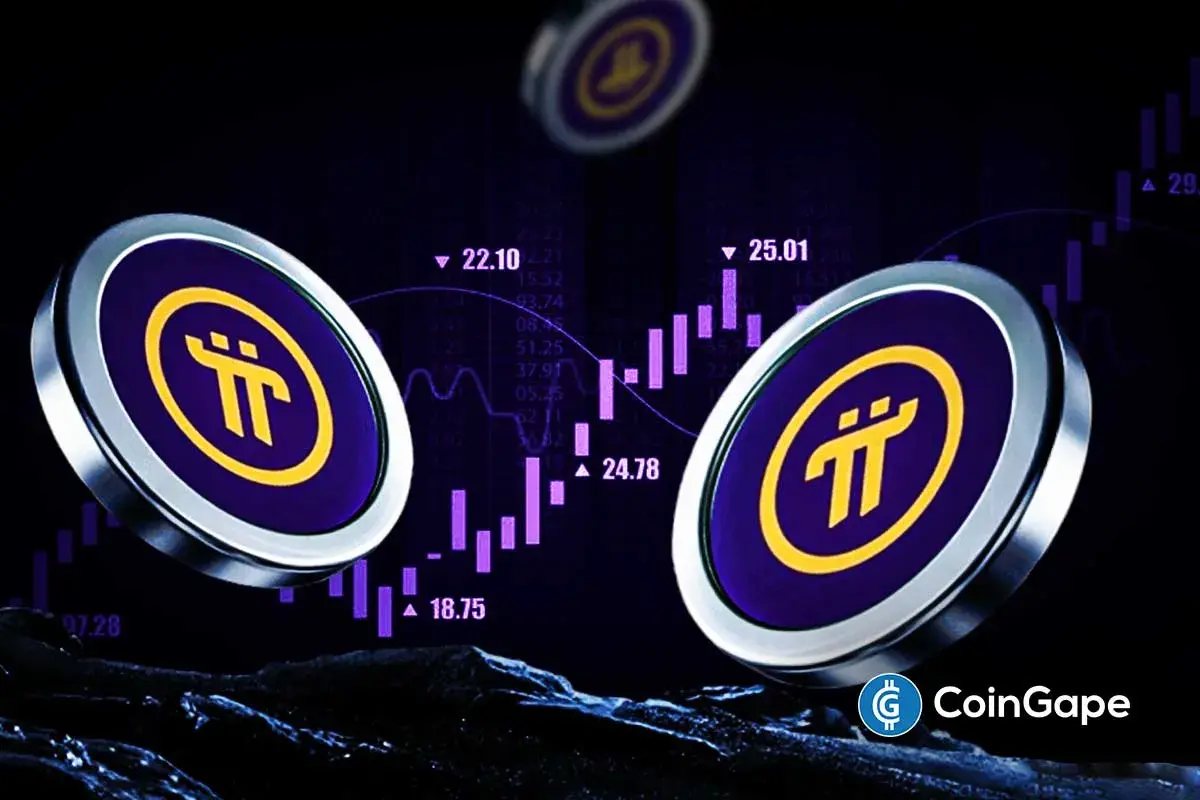 Duas moedas da Pi Network em destaque com gráfico de candlestick mostrando variação de preços entre US$ 18,75 e US$ 25,01