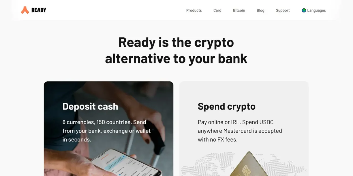 Site da Ready com opções de depósito em moeda fiduciária e gasto em USDC via cartão Mastercard.