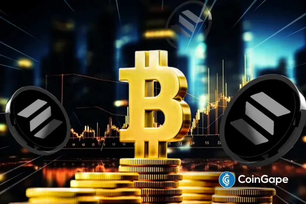 Ilustração com os símbolos do Bitcoin em dourado e do Solana em preto sobre fundo de skyline urbano iluminado, representando o mercado de criptomoedas.