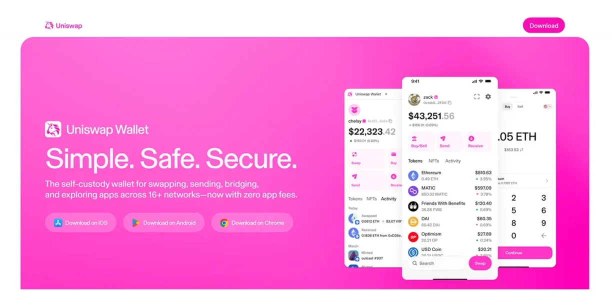 Página da Uniswap Wallet com interface do aplicativo móvel exibindo saldo, tokens e opções de swap em fundo rosa.