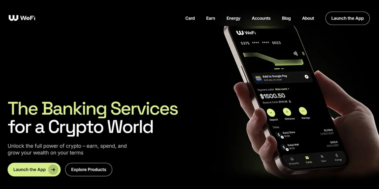 Site da WeFi com smartphone exibindo cartão virtual e saldo em USDT, sobre fundo escuro.