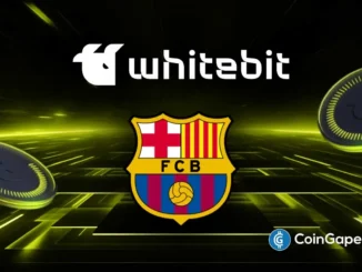 Logo da WhiteBIT e escudo do FC Barcelona em fundo digital esportivo